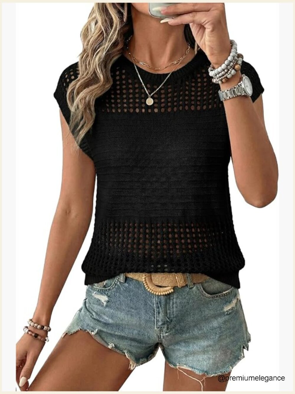 Crochet Hollow Out Knit Cap Sleeve Sweater Vest Pullover Beach Cover Up